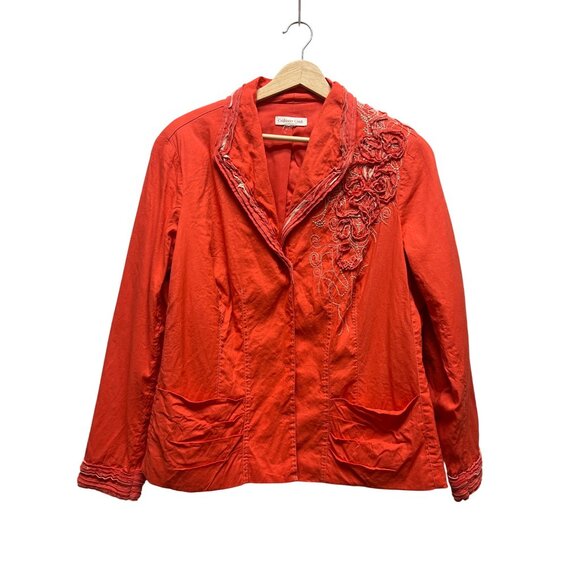 Coldwater Creek Y2K Orange Linen Embroidered Ruffled Blazer - Picture 2 of 7